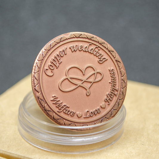 7th wedding anniversary copper coin with infinity heart engraving, "Copper Wedding" personalized gift, high-polished finish.