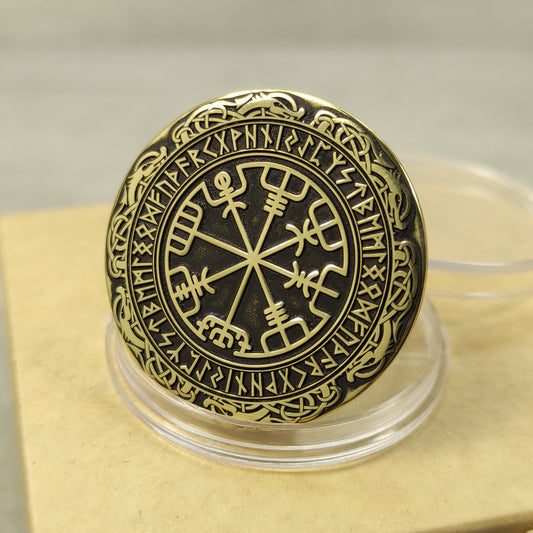 Brass coin Vegvisir Scandinavian amulet with Futhark runes and antique patina, 32mm.