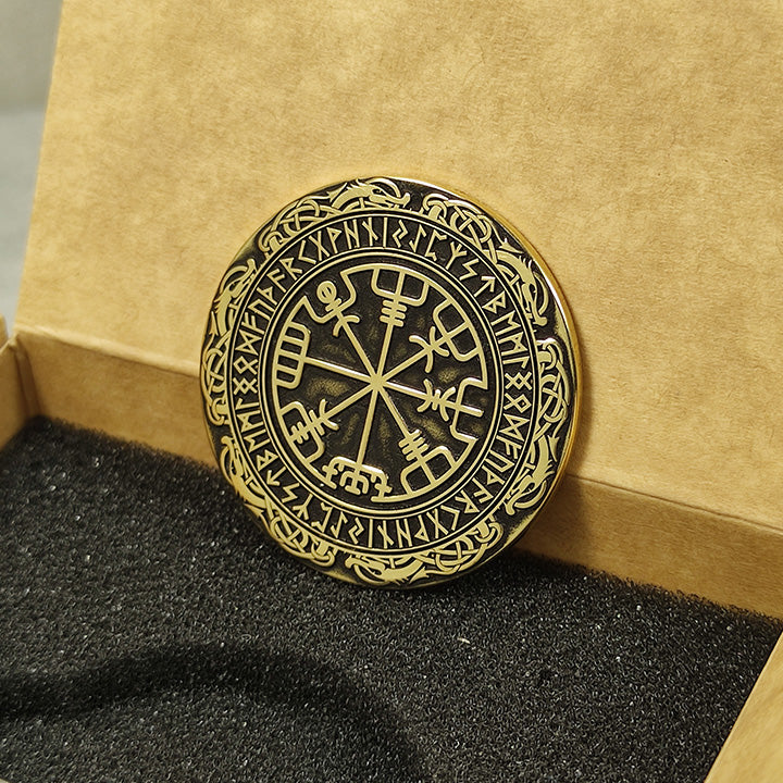 Side view of solid brass Vegvisir talisman demonstrating "2mm metal thickness" and polished finish.