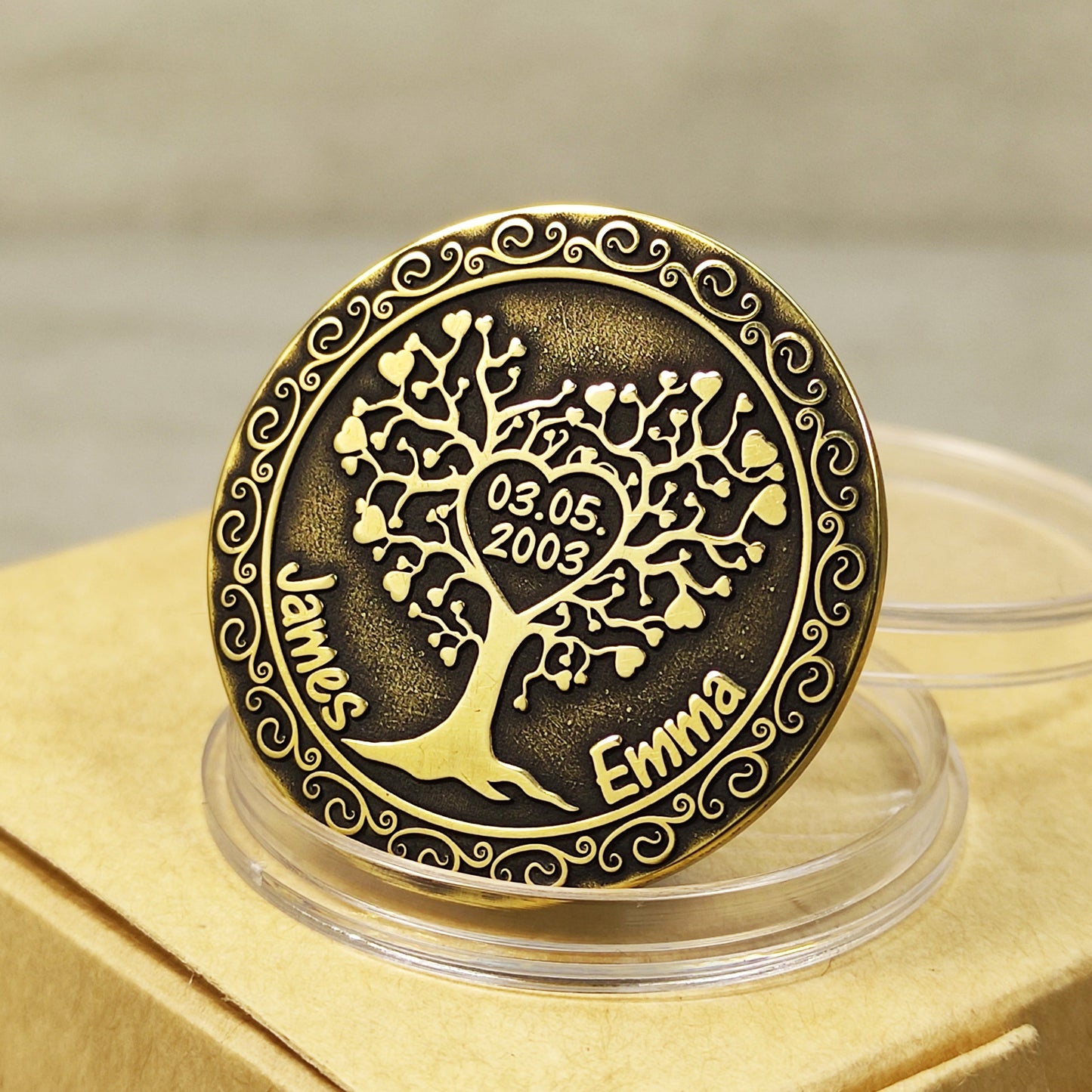 Handmade Tree of Love brass coin with personalized names and date engraving, unique anniversary gift for couple, vintage patina finish.