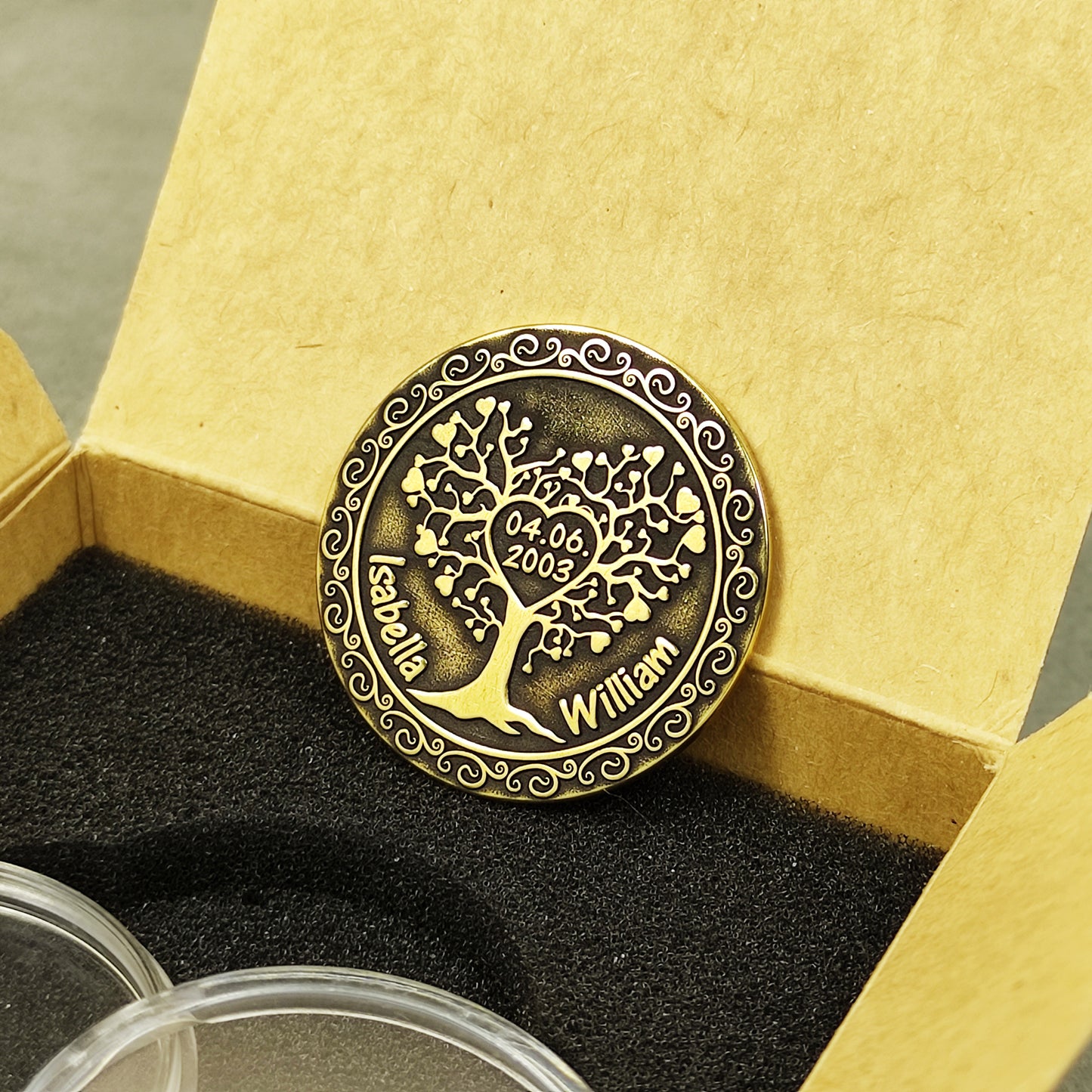 Personalized 21st or any year anniversary brass coin, handmade gift for couples, elegant presentation in a craft box with foam insert.