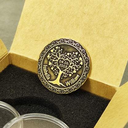 Personalized 21st or any year anniversary brass coin, handmade gift for couples, elegant presentation in a craft box with foam insert.