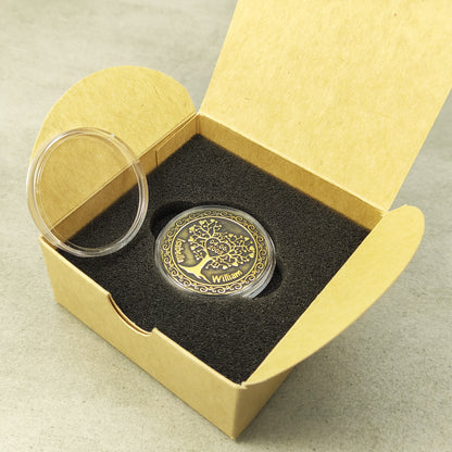 Customized brass love coin in protective clear acrylic capsule, unique handmade memorial gift with personalized date and names.