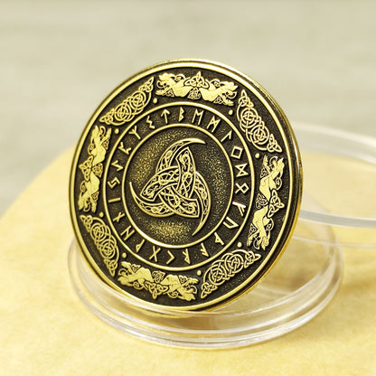 Custom brass coin with Odin's Triple Horn symbol and Elder Futhark runes, 32mm diameter, deep laser engraving with black patina finish.