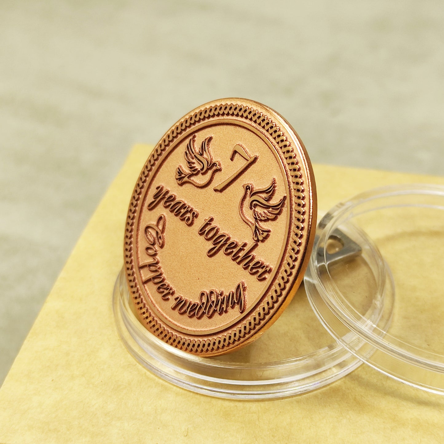 Hand-polished copper anniversary coin with "Copper wedding" text, personalized wedding date engraving, high-quality metalwork.