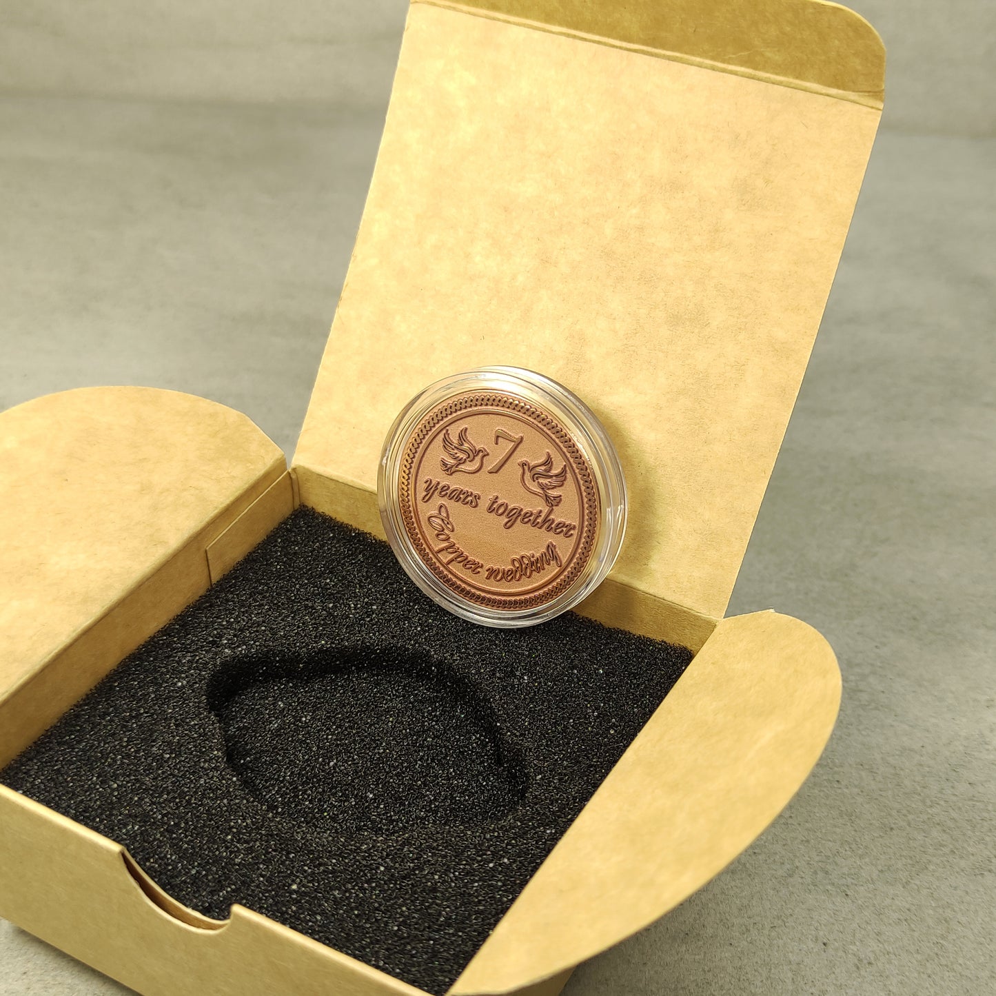 Custom copper 7th anniversary token without capsule, deep laser engraved anniversary gift for him, polished copper metalwork.