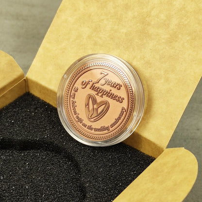 Custom engraved copper gift for wife, 7 years of happiness anniversary coin in a protective capsule, premium metal souvenir in a box.