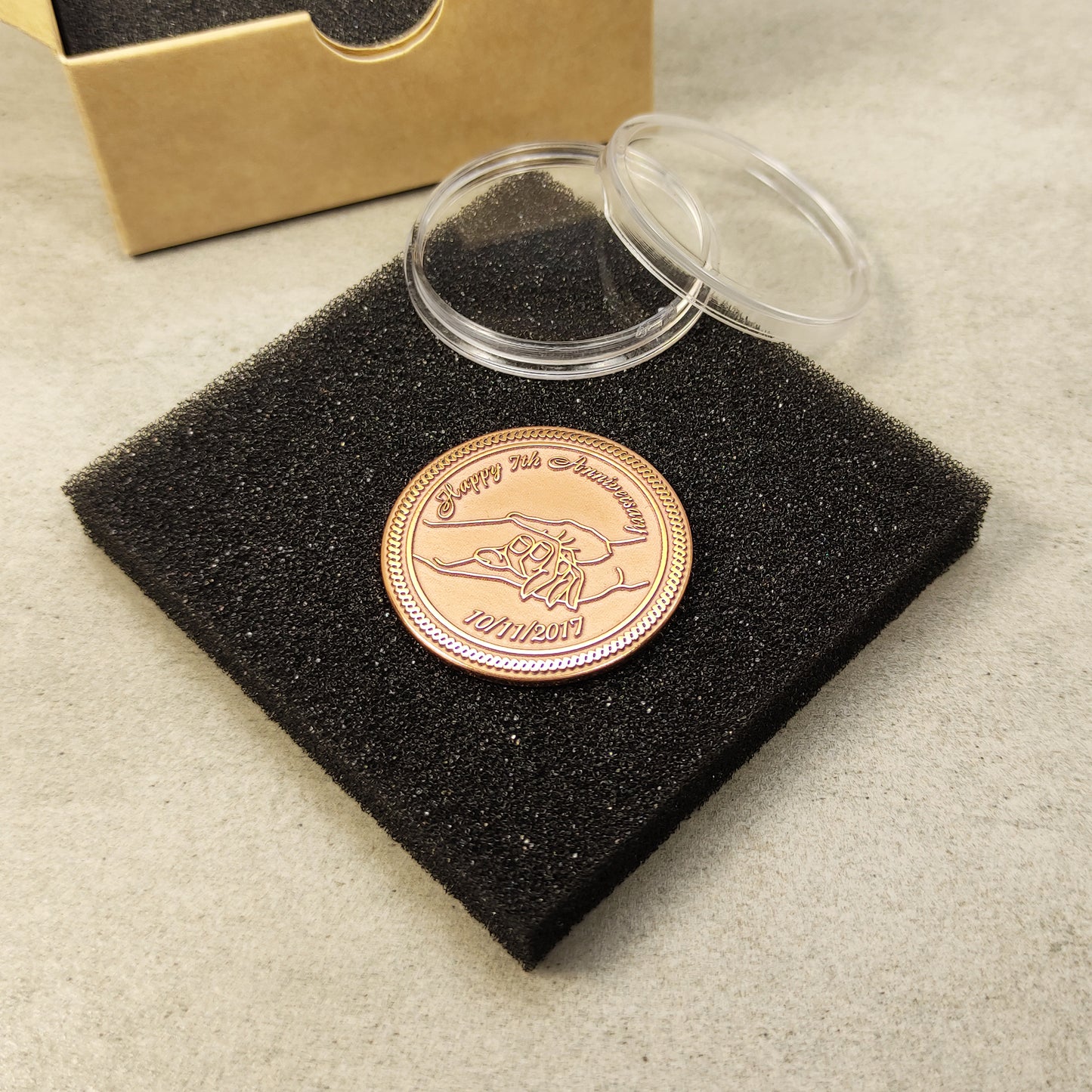 Custom copper 7th anniversary token without capsule, deep laser engraved anniversary gift for him, polished copper metalwork.