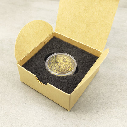 Handcrafted Celtic cross brass coin in a premium gift presentation set, unique personalized token for anniversary or birthday.