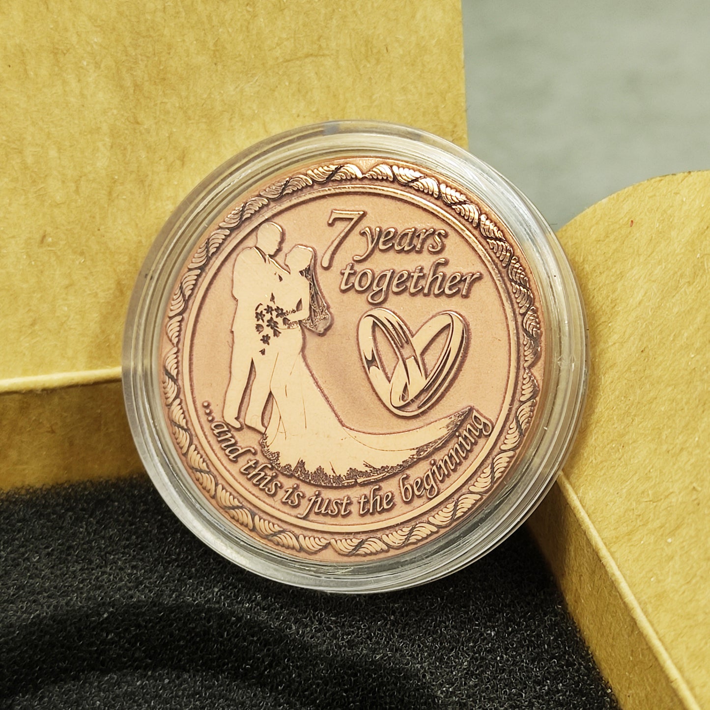 7th wedding anniversary copper token in clear protective acrylic capsule, elegant handmade gift packaging for copper anniversary.