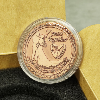7th wedding anniversary copper token in clear protective acrylic capsule, elegant handmade gift packaging for copper anniversary.