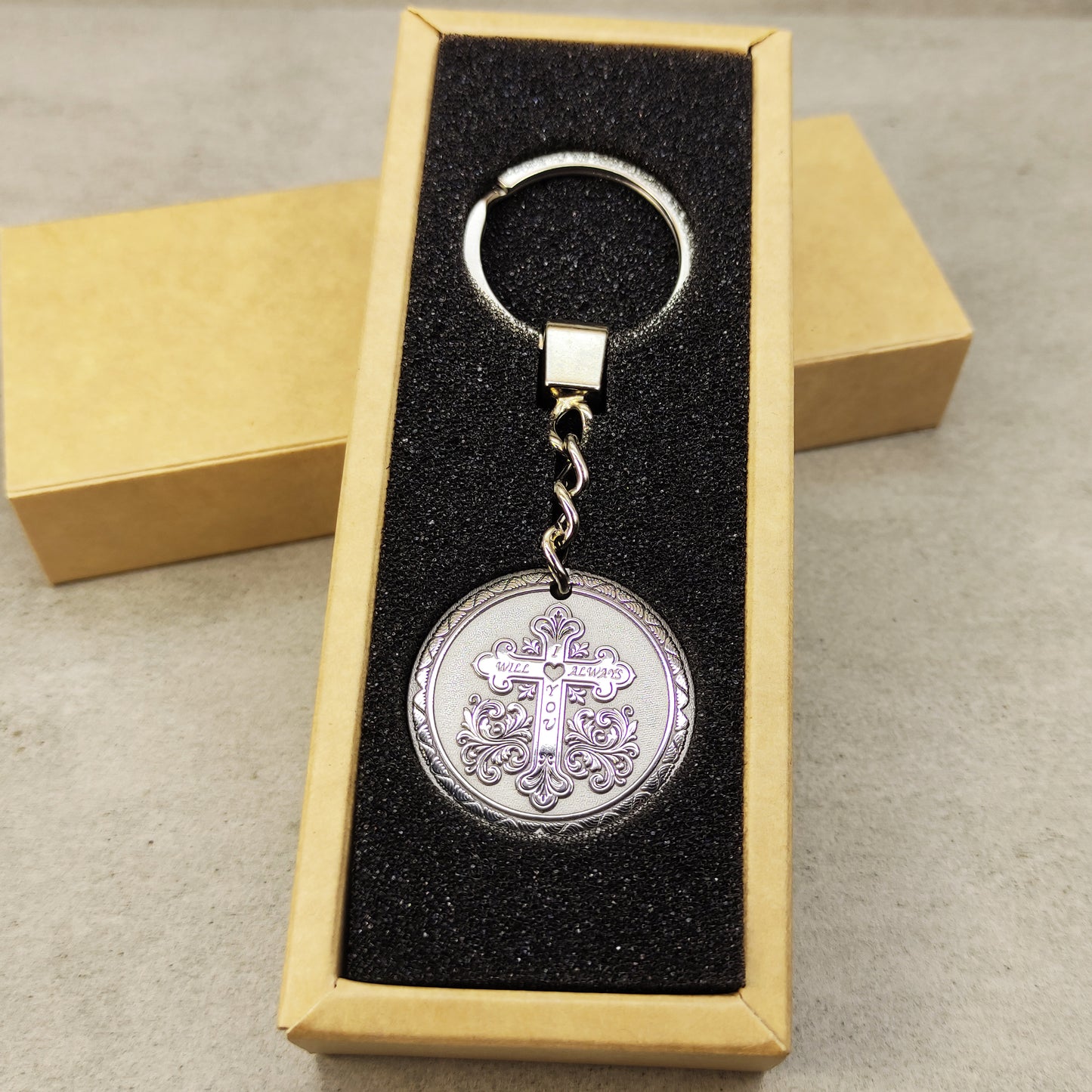 Personalized steel cross keychain presented in a professional black foam insert gift box packaging.