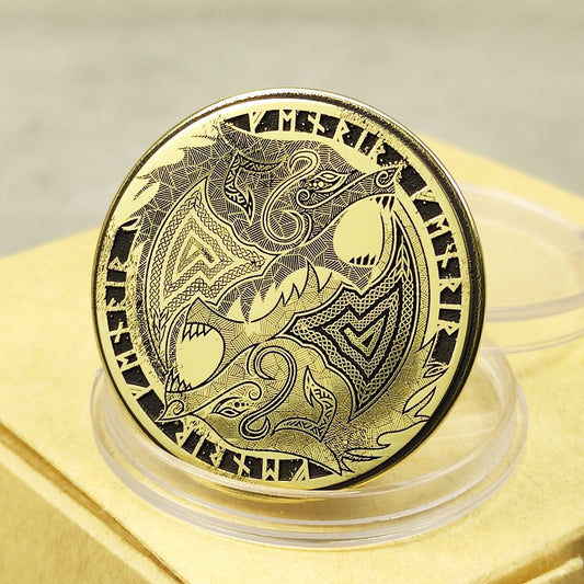 Handcrafted brass Fenrir Wolf coin with unique Nordic ornament, 32mm diameter, deep laser engraving and black patina finish.