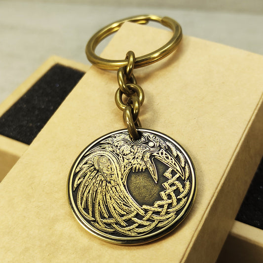 Brass Coin Keychain Odin’s Raven – Personalized Norse Talisman of Wisdom and Strength