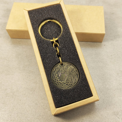 Brass Coin Keychain Odin’s Raven – Personalized Norse Talisman of Wisdom and Strength