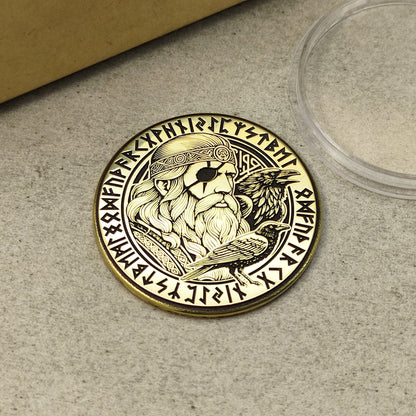 Personalized Norse mythology brass coin featuring Odin and runes, high-contrast antique finish on solid brass metal.
