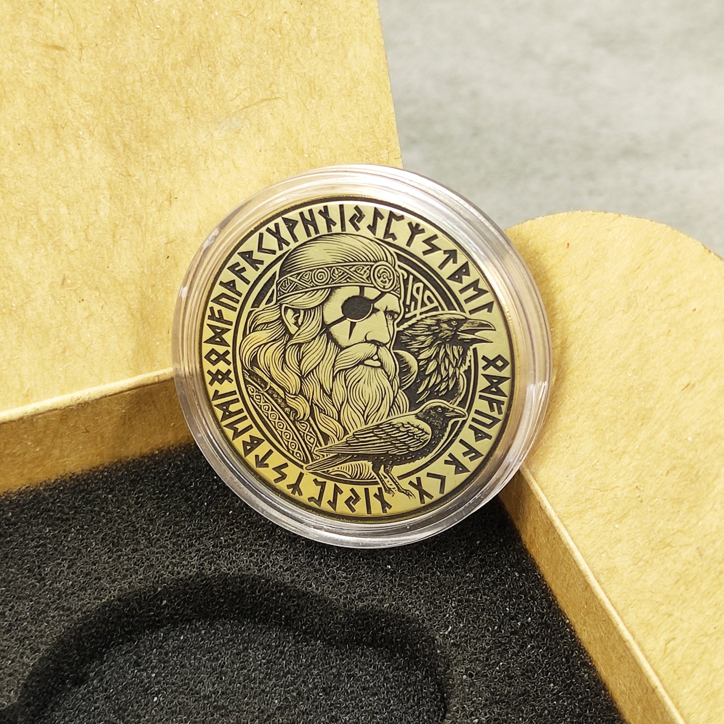 Personalized Odin brass coin in a protective capsule and gift set, handcrafted Norse souvenir with custom engraving option.