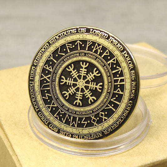 Custom engraved brass coin with Vegvisir symbol, 32mm diameter and 2mm thickness, high-contrast black patina.