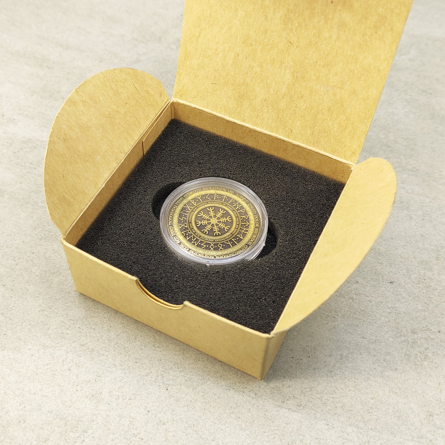 Viking Vegvisir brass coin gift set in an open craft paper box, professional packaging for handcrafted accessories.
