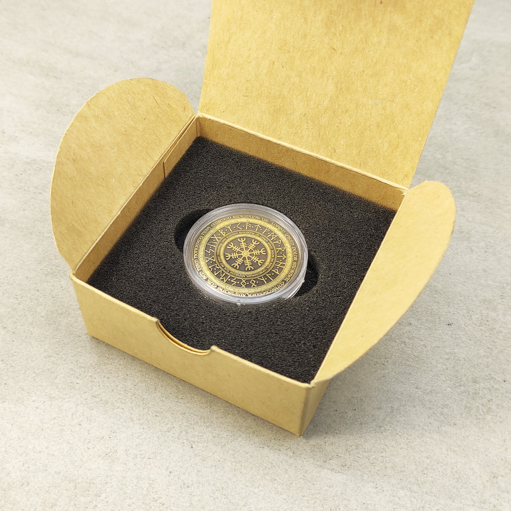 Viking Vegvisir brass coin gift set in an open craft paper box, professional packaging for handcrafted accessories.