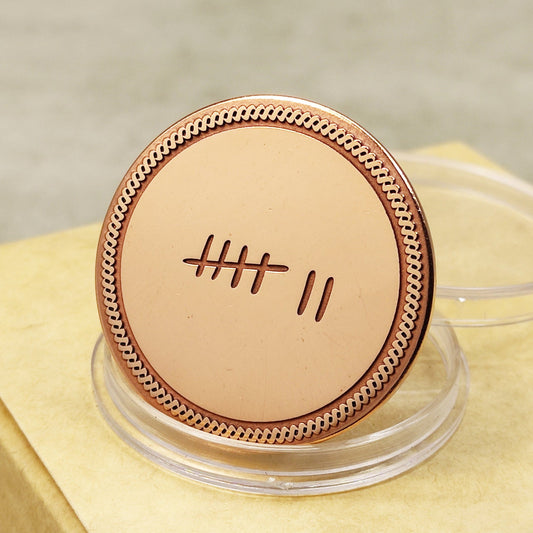 7th anniversary copper coin with engraved tally marks, 7 years of marriage celebration, polished copper finish, obverse view.