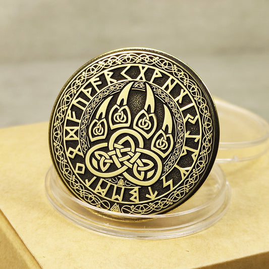 Brass coin Bear Paw amulet with Elder Futhark runes and antique patina finish, 32mm.
