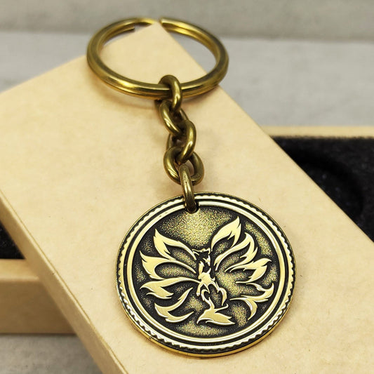 Brass Coin Keychain "Kitsune" - Japanese Mythological Talisman with Engraving and Personalization