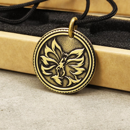 Brass Pendant Coin "Nine-Tailed Fox Kitsune Zenko Yako" — Mystic Amulet with Personalization
