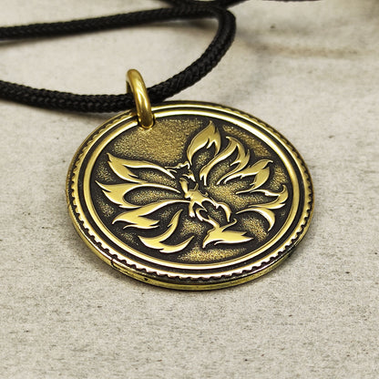 Brass Pendant Coin "Nine-Tailed Fox Kitsune Zenko Yako" — Mystic Amulet with Personalization