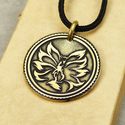 Brass Pendant Coin "Nine-Tailed Fox Kitsune Zenko Yako" — Mystic Amulet with Personalization