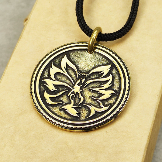 Brass Pendant Coin "Nine-Tailed Fox Kitsune Zenko Yako" — Mystic Amulet with Personalization