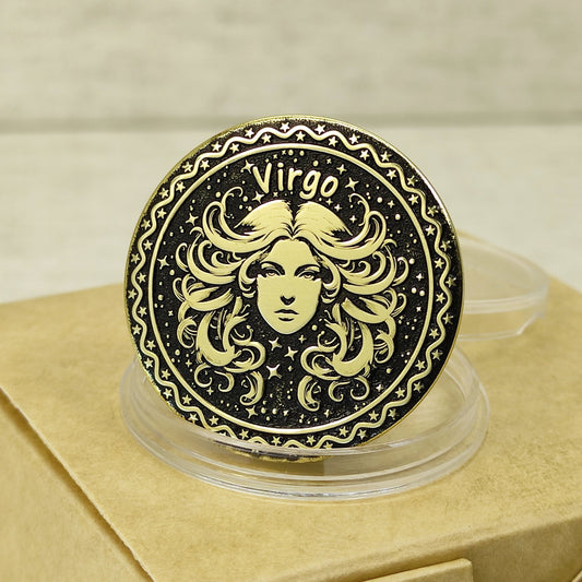 Close-up of Virgo zodiac brass medal with deep laser engraving of a maiden with flowers, features antique dark patina finish and decorative celestial border.