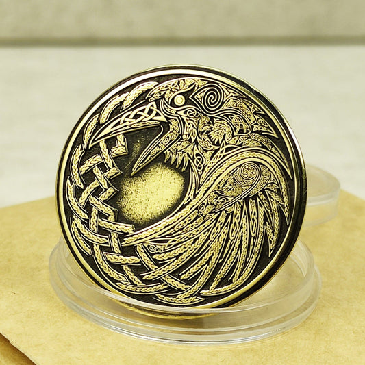 Custom brass coin with Odin's Raven Huginn and Muninn engraving, 32mm diameter, deep laser etching with black patina.
