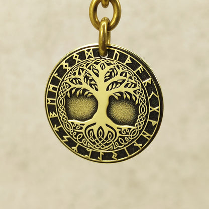 Brass Coin Keychain Tree of Life Yggdrasil – Personalized Gift, Symbol of Harmony and Strength