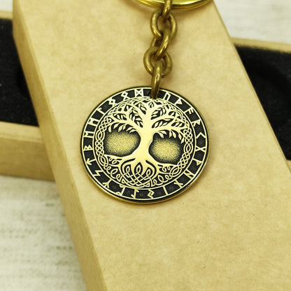 Brass Coin Keychain Tree of Life Yggdrasil – Personalized Gift, Symbol of Harmony and Strength