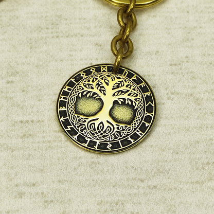 Brass Coin Keychain Tree of Life Yggdrasil – Personalized Gift, Symbol of Harmony and Strength
