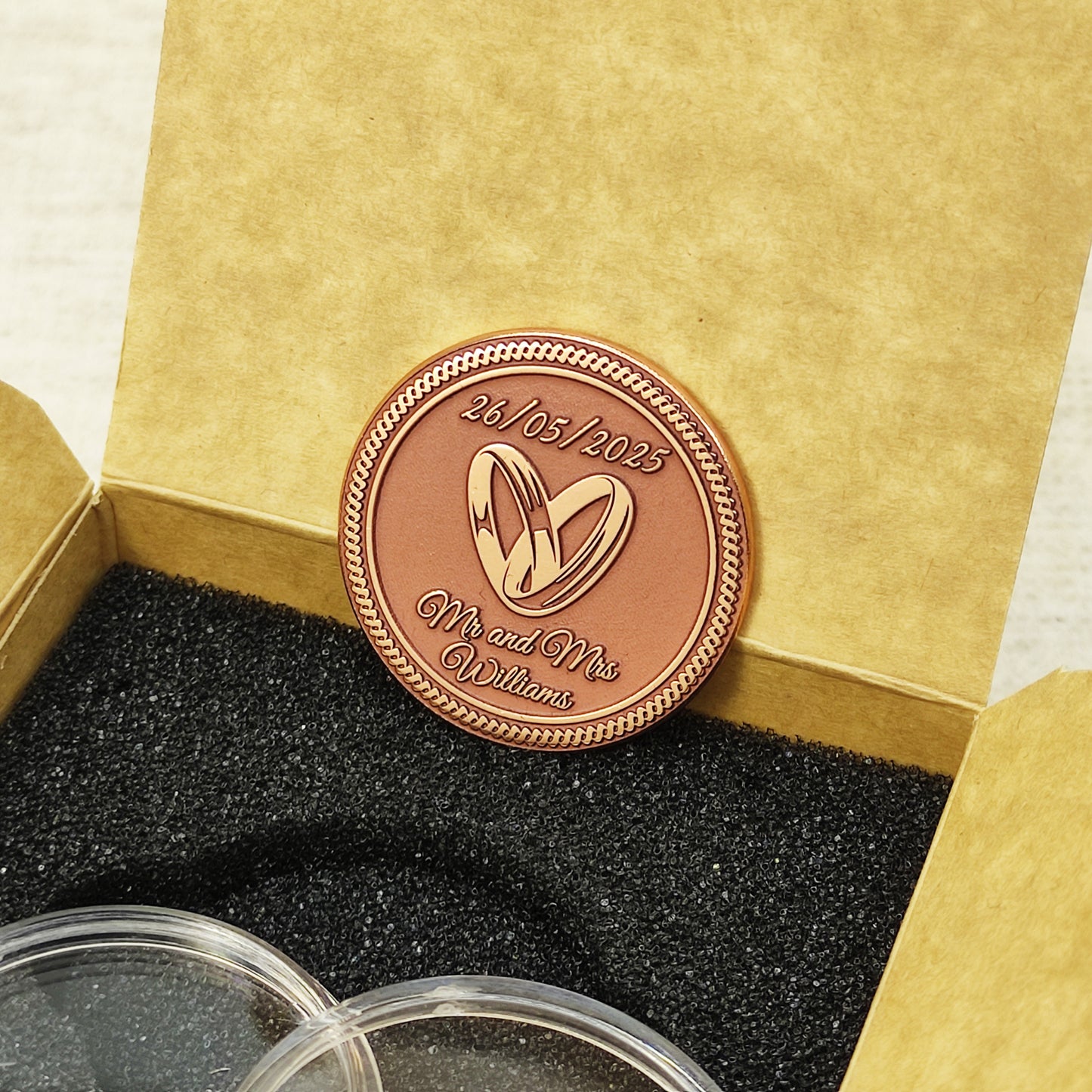 Custom copper wedding keepsake in a premium craft box, showcasing the elegant presentation and high-quality laser engraved design.