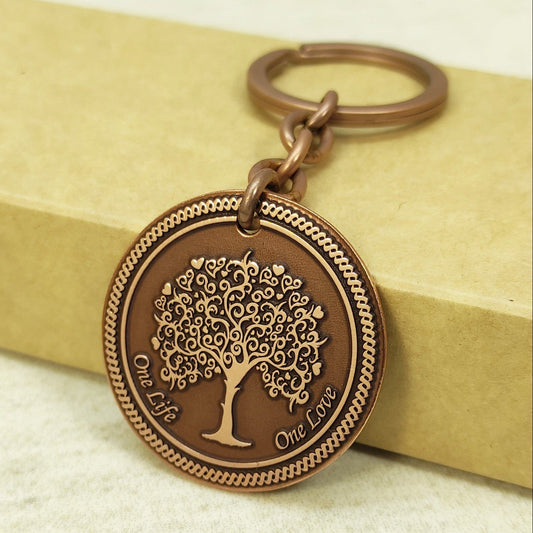 Copper Coin Keychain "Tree of Life" with Engraving — One Life One Love, Elegant Symbolic Accessory