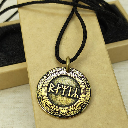Brass Rune Coin Pendant with Personalization - Norse Amulet Gift