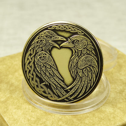 Handmade brass coin with Odin's ravens Huginn and Muninn, deep laser engraved Norse mythology amulet, black patina finish.