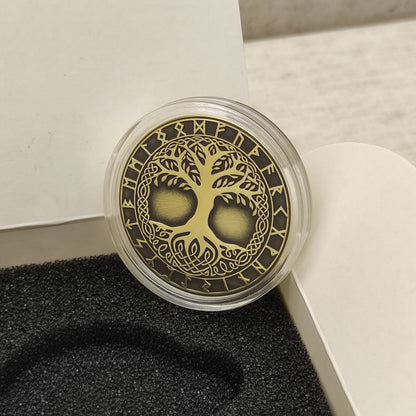 Brass Tree of Life souvenir coin in a clear protective acrylic capsule, highlighting the premium polished finish.
