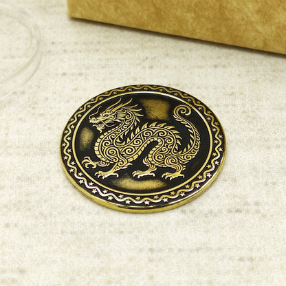 Detailed view of the brass Dragon zodiac coin with 3D-style floral patterns, showcasing the 32mm diameter and professional deep laser etching.