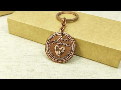 Customized copper anniversary keychain for him, personalized 7 year anniversary token with high-polished relief and laser engraving.