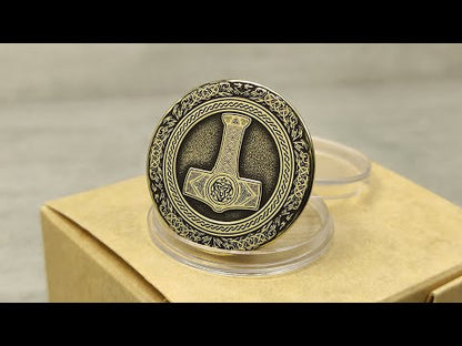 Brass Coin "Thor’s Hammer" — Scandinavian Amulet of Strength, Courage, and Protection