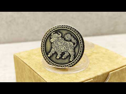Video showcase of a personalized brass zodiac coin Year of the Ox, highlighting the metallic gold-tone texture and high-contrast professional patina.