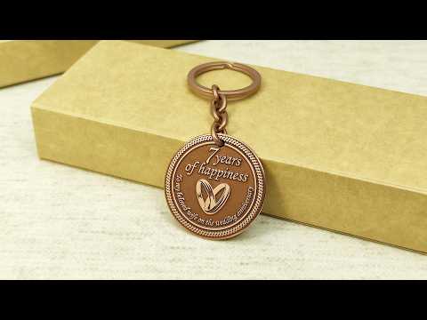 Customized copper anniversary keychain for her, personalized 7 year anniversary token with high-polished relief and laser engraving.