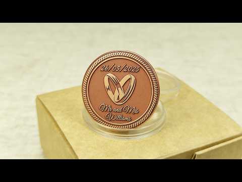Video showcase of a custom engraved copper anniversary gift coin, highlighting the 32mm diameter, rope border, and professional material quality.