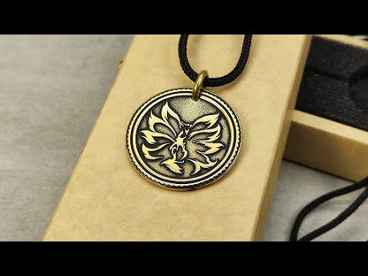 Brass Pendant Coin "Nine-Tailed Fox Kitsune Zenko Yako" — Mystic Amulet with Personalization