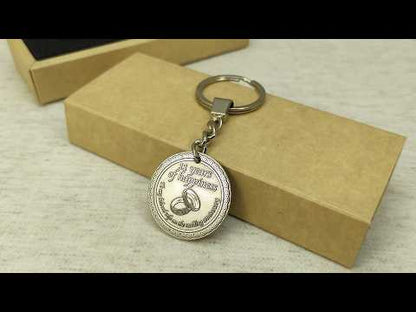 Personalized brass coin keychain for 11 year anniversary, showing the durable metal texture and antique patina effect, handcrafted anniversary gift for her.