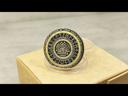 Brass Coin "Valknut" with Elder Futhark Runes and Custom Engraving – Norse Amulet of Strength and Courage